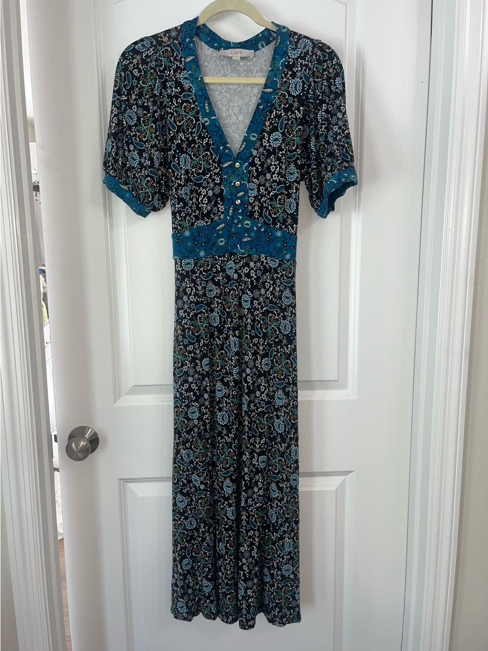 LOFT Teal Blue and Black Floral Maxi Dress Paisley Details V Neck Medium